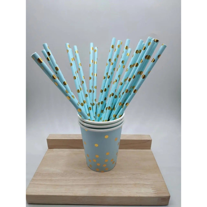 Set 10 Paie, , din Hartie, 19.5 cm, Model cu Buline Aurii, Albastru [3]