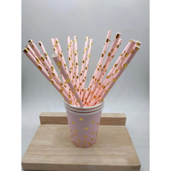 Set 10 Paie, , din Hartie, 19.5 cm, Model cu Buline Aurii, Roz [3]