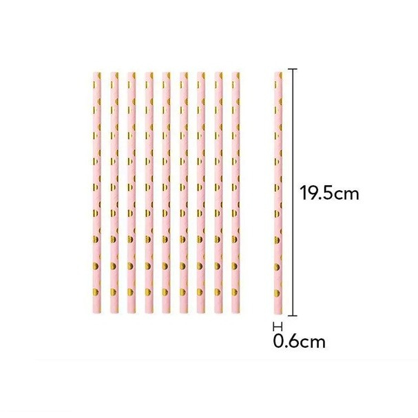 Set 10 Paie, , din Hartie, 19.5 cm, Model cu Buline Aurii, Roz [4]