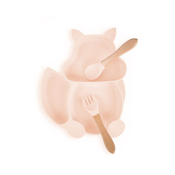 Set 10 piese diversificare bebelusi si copii din silicon , baveta, farfurie compartimentata cu ventuza, bol cu ventuza, tacamuri din lemn si silicon, cana pentru gustari, fara alergeni, roz pal [5]