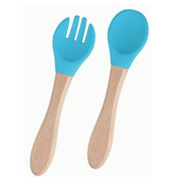 Set 10 Piese Servire Masa. , pentru Bebelusi si Copii, din Silicon/Lemn, cu Ventuze Anti-alunecare, fara Alergeni. +6 Luni, Model Elefant, Albastru [3]