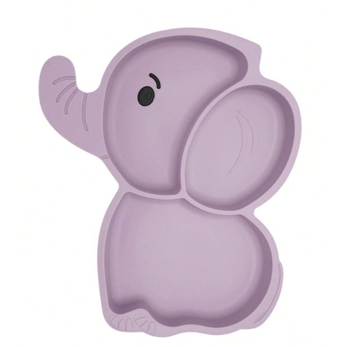 Set 10 Piese Servire Masa. , pentru Bebelusi si Copii, din Silicon/Lemn, cu Ventuze Anti-alunecare, fara Alergeni. +6 Luni, Model Elefant, Mov [2]