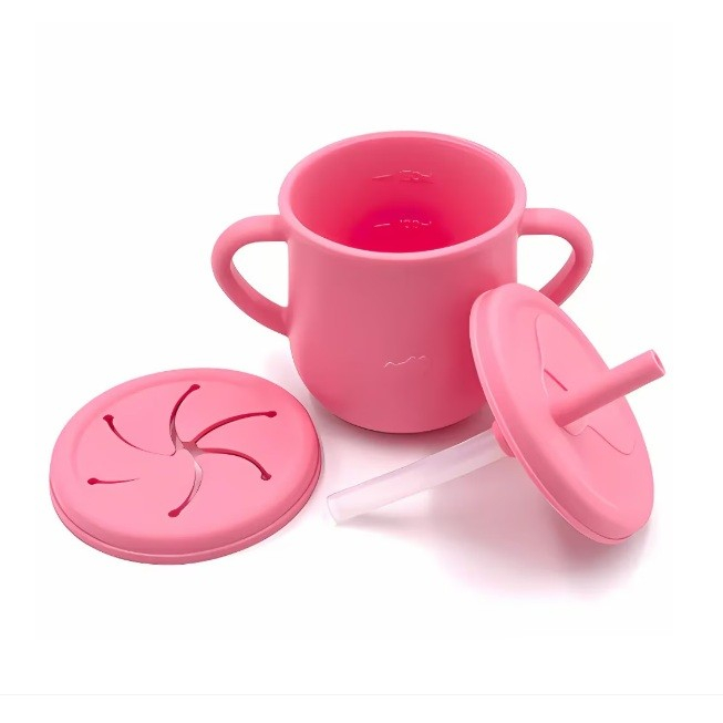 Set 10 Piese Servire Masa. , pentru Bebelusi si Copii, din Silicon/Lemn, cu Ventuze Anti-alunecare, fara Alergeni. +6 Luni, Model Elefant, Roz [4]