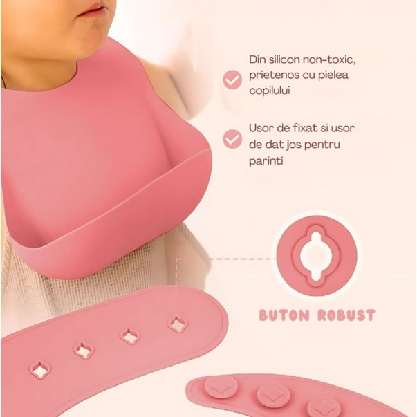 Set 10 Piese Servire Masa. , pentru Bebelusi si Copii, din Silicon/Lemn, cu Ventuze Anti-alunecare, fara Alergeni. +6 Luni, Model Elefant, Roz [5]