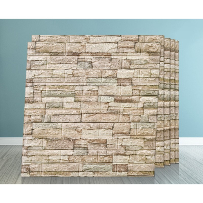 Set 10 Placi de Tapet, , Autoadezive, 70 x 77 cm, 2.5 mm Grosime, Suprafata Acoperita 5.3 mp, din PVC, Model Piatra, Crem [4]