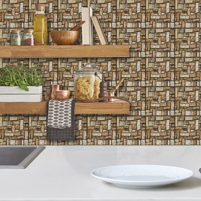 Set 10 Placi Tapet 3D, , 30 x 30 cm, din PVC, Tip Piatra, Suprafata acoperita 0.9 mp, Autoadeziv, Maro [2]