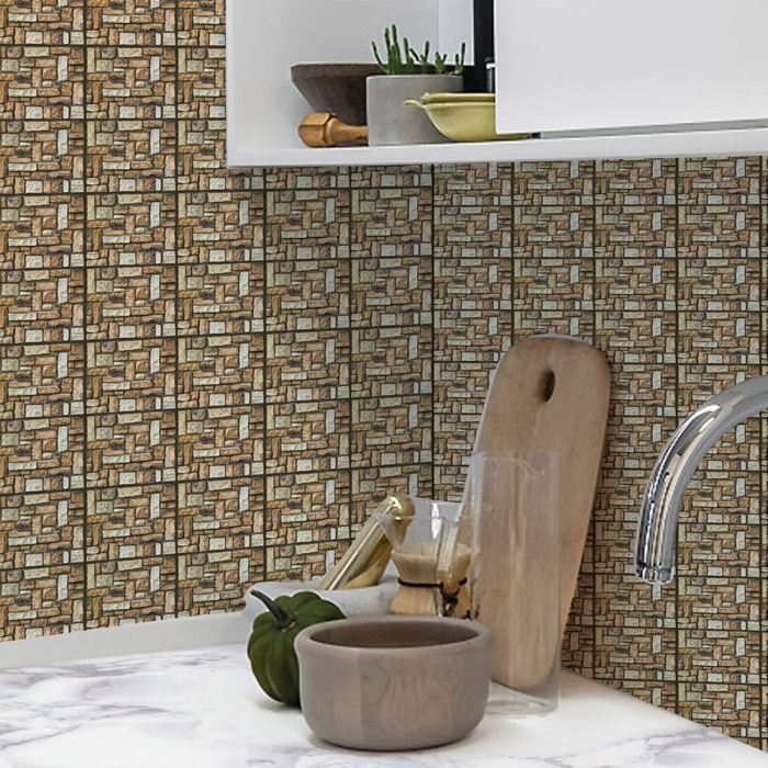 Set 10 Placi Tapet 3D, , 30 x 30 cm, din PVC, Tip Piatra, Suprafata acoperita 0.9 mp, Autoadeziv, Maro [3]