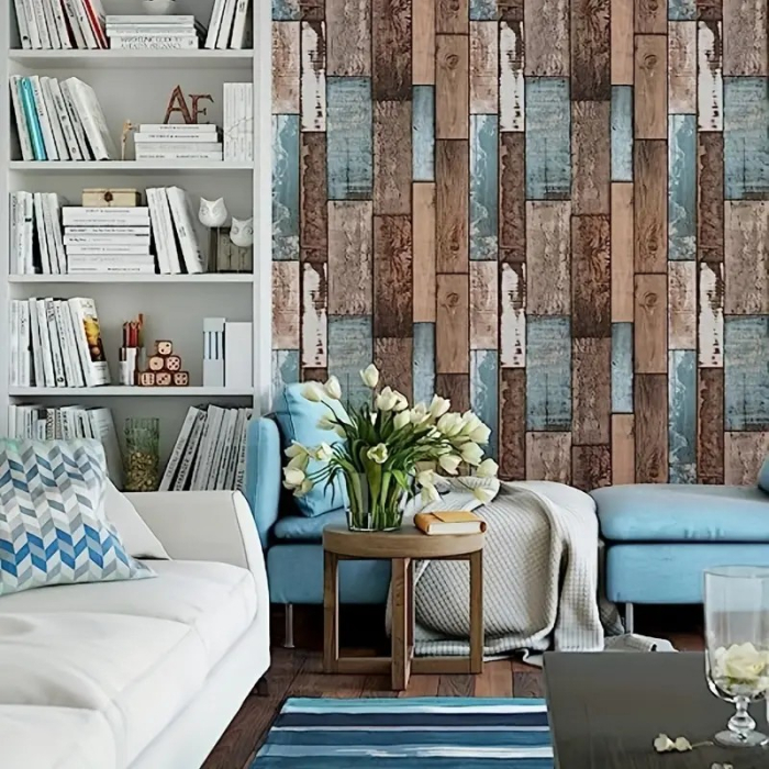 Set 10 Placi Tapet 3D, , 70 x 70 cm, Grosime 3 mm, din Rasina, Tip Placi de Lemn, Suprafata Acoperita 4.9 mp, Gri/Albastru [4]