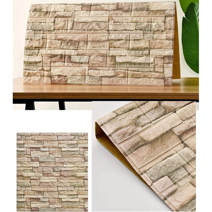 Set 10 Placi Tapet 3D, , 70 x 77 cm, Grosime 3 mm, din Polietilena, Model Caramida, Suprafata acoperita 5.3 mp, Bej [6]