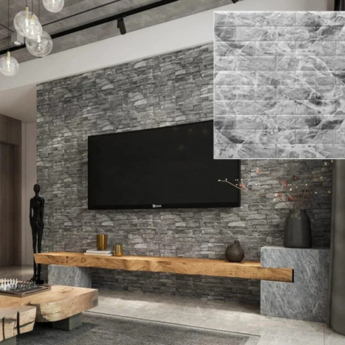 Set 10 Placi Tapet 3D, , 70 x 77 cm, Grosime 3 mm, din Polietilena, Model Caramida, Suprafata acoperita 5.3 mp, Marmura Gri [3]