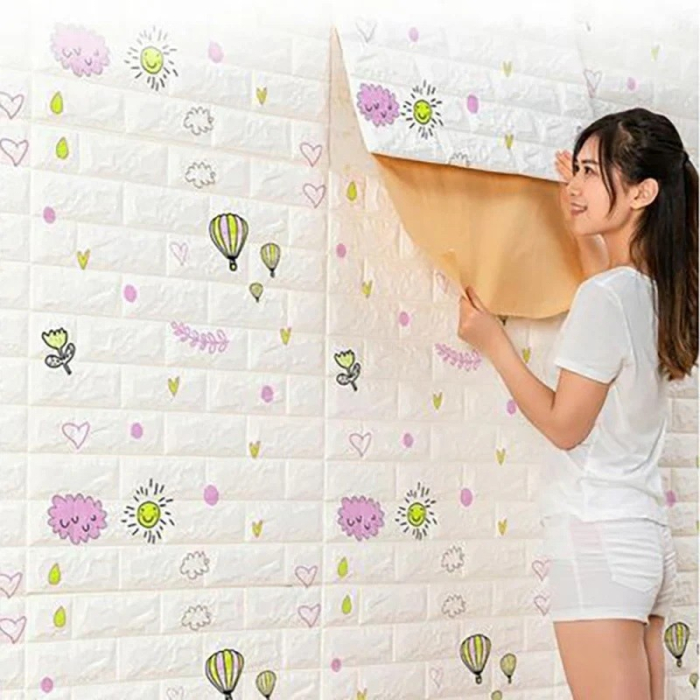 Set 10 Placi Tapet 3D, , 70 x 77 cm, Grosime 3 mm, din Polietilena, Tip Caramida, Model cu Baloane, Suprafata acoperita 5.3 mp, Alb [5]