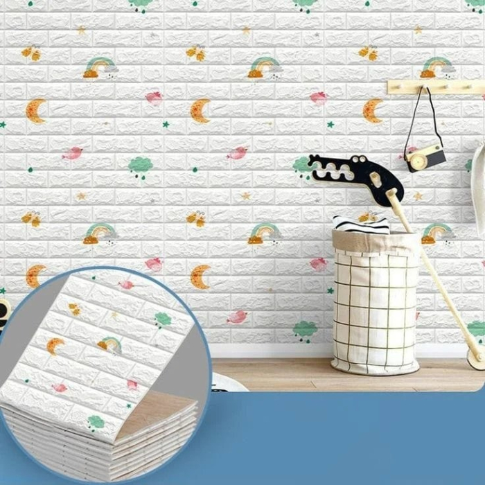 Set 10 Placi Tapet 3D, , 70 x 77 cm, Grosime 3 mm, din Polietilena, Tip Caramida, Model Curcubeu, Suprafata acoperita 5.3 mp, Alb [3]