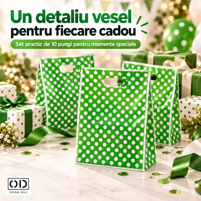 Set 10 pungi de cadou verde cu buline albe, plastic PE, 25 x 17 cm, pentru aniversari, ORIGINAL DEALS [7]