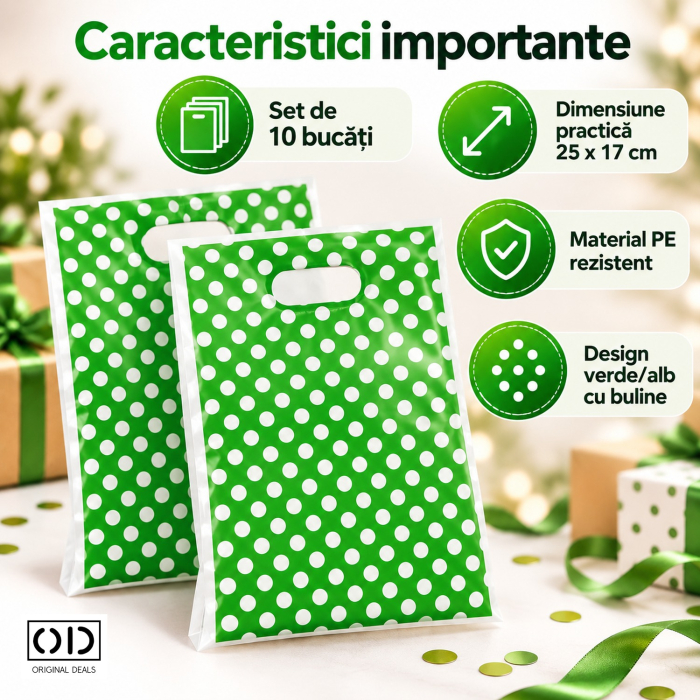 Set 10 pungi de cadou verde cu buline albe, plastic PE, 25 x 17 cm, pentru aniversari, ORIGINAL DEALS [3]