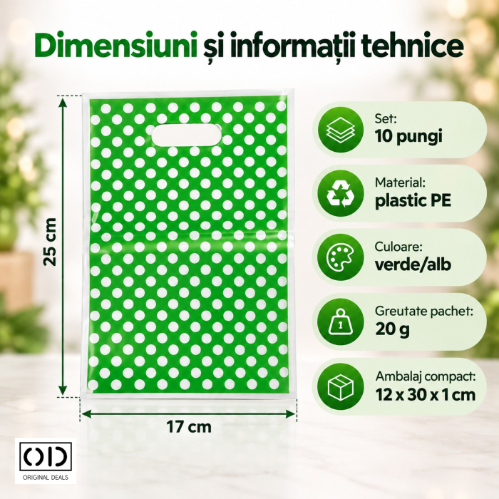 Set 10 pungi de cadou verde cu buline albe, plastic PE, 25 x 17 cm, pentru aniversari, ORIGINAL DEALS [5]