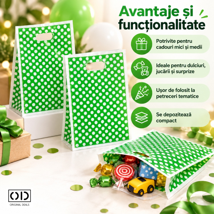 Set 10 pungi de cadou verde cu buline albe, plastic PE, 25 x 17 cm, pentru aniversari, ORIGINAL DEALS [6]