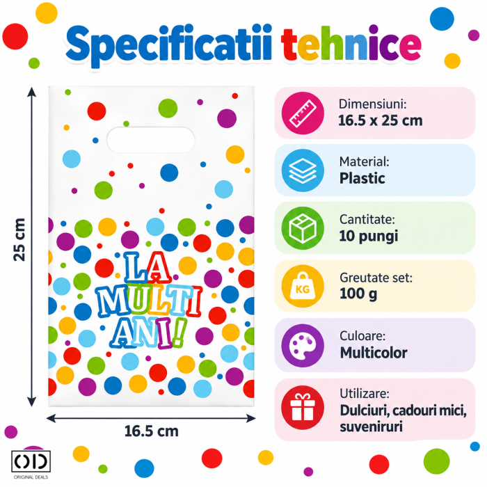 Set 10 Pungi Cadou cu Maner, Mesaj La Multi Ani, 16,5 x 25 cm, Multicolor | ORIGINAL DEALS [9]