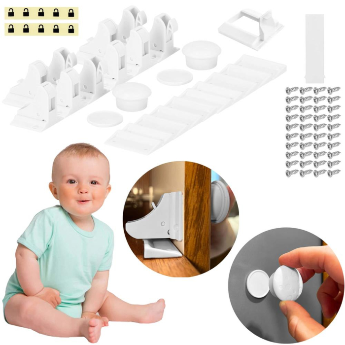 Set 4 sigurante magnetice ascunse, blocator sertare si usi, 2 sisteme fixare incluse, alb [25]