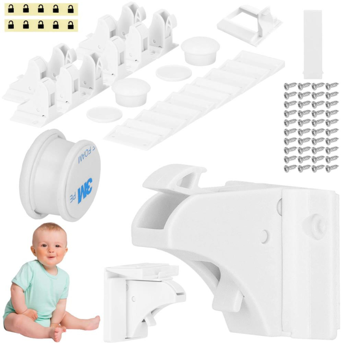 Set 4 sigurante magnetice ascunse, blocator sertare si usi, 2 sisteme fixare incluse, alb [24]
