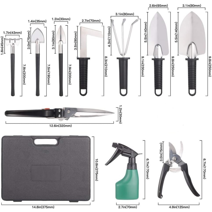 Set 10 Unelte de Gradina, , pentru Plantare Prelucrare Sol si Ingrijire Plante, Manere Negre, Material PVC si Otel Inoxidabil, Cutie Inclusa, 37x28x7 cm, Negru [2]