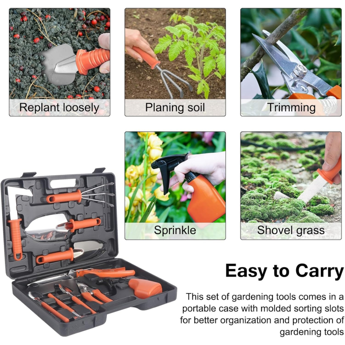 Set 10 Unelte de Gradina, , pentru Plantare Prelucrare Sol si Ingrijire Plante, Manere Portocalii, Material PVC si Otel Inoxidabil, Cutie Inclusa, 37x28x7 cm, Negru [3]