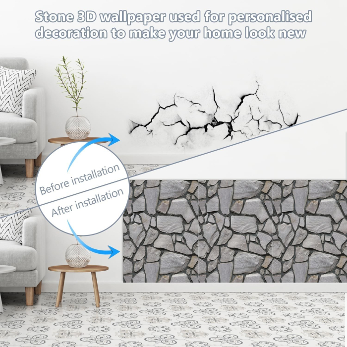 Set 10 x Placi Tapet Autocolant 3D cu Imitatie de Pietre, pentru Perete Bucatarie Sufragerie, Usor de Curatat, Rezistent la Apa, Autoadeziv, 30x30 cm, Gri [7]