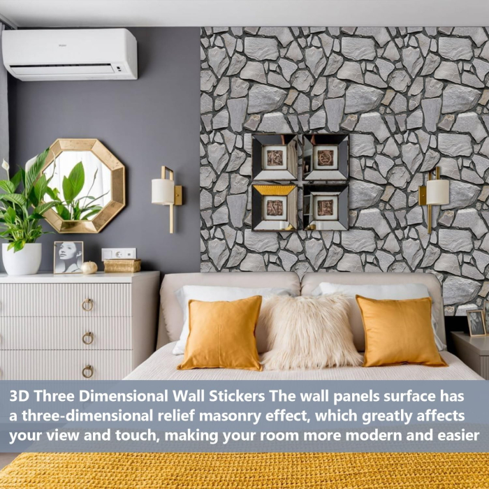 Set 10 x Placi Tapet Autocolant 3D cu Imitatie de Pietre, pentru Perete Bucatarie Sufragerie, Usor de Curatat, Rezistent la Apa, Autoadeziv, 30x30 cm, Gri [8]