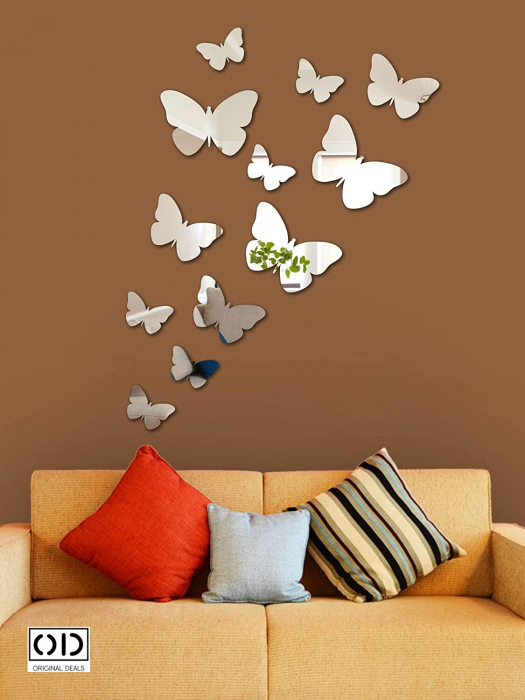 Set 100 Oglinzi Acrilice Autoadezive in Forma de Fluture, 40x4 cm si 60x3 cm, Premium, Argintiu [2]