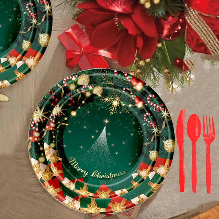 Set 119 Piese, , pentru Masa de Craciun, Farfurii 18 cm, Farfurii 23 cm, Pahare, Servetele, Tacamuri, Fata de Masa, Ghirlanda, Paie, Rosu/Verde [4]