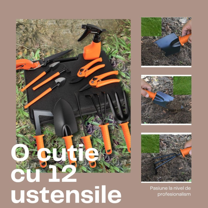 Set 12 accesorii pentru gradinarit , geanta depozitare inclusa, otel inoxidabil, 37 x 27 cm, portocaliu [4]