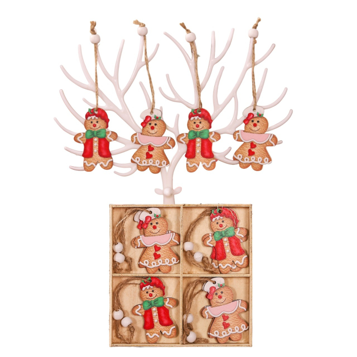 Set 12 Decoratiuni de Craciun din Lemn, , cu Snur pentru Agatare in Brad, Model Prajituri, Dimensiuni Diferite, 2 Modele, Multicolor [1]