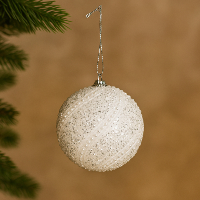 Set 12 globuri decorative cu sclipici si paiete, 3 modele asortate, diametru 8 cm, alb [3]