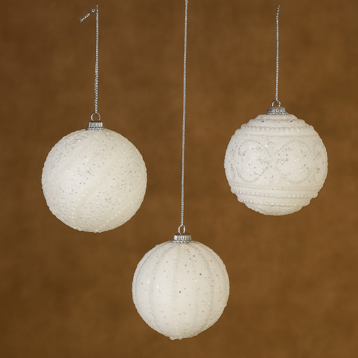Set 12 globuri decorative cu sclipici si paiete, 3 modele asortate, diametru 8 cm, alb [4]