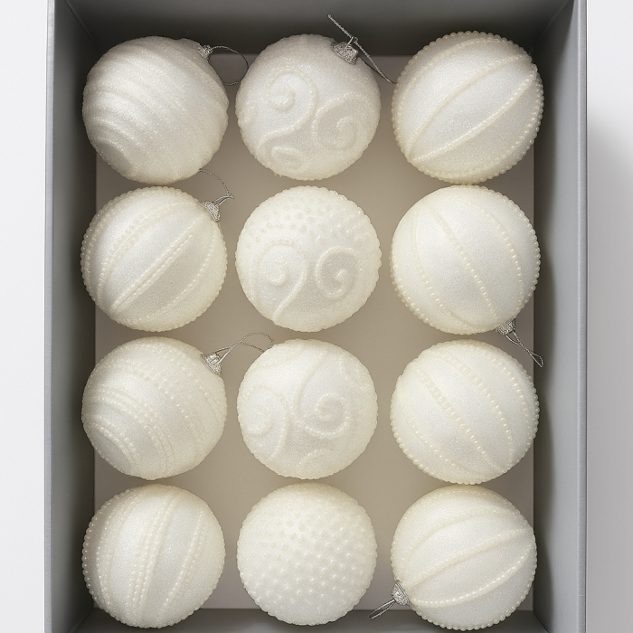 Set 12 globuri decorative cu sclipici si paiete, 3 modele asortate, diametru 8 cm, alb [1]