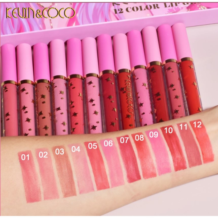 Set 12 Lip Gloss Kevin&Coco, nuante de rosu, rose, nude, roz, cutie dreptunghiulara, 26.5x16.5x2.2 cm, 200 g, multicolor [3]