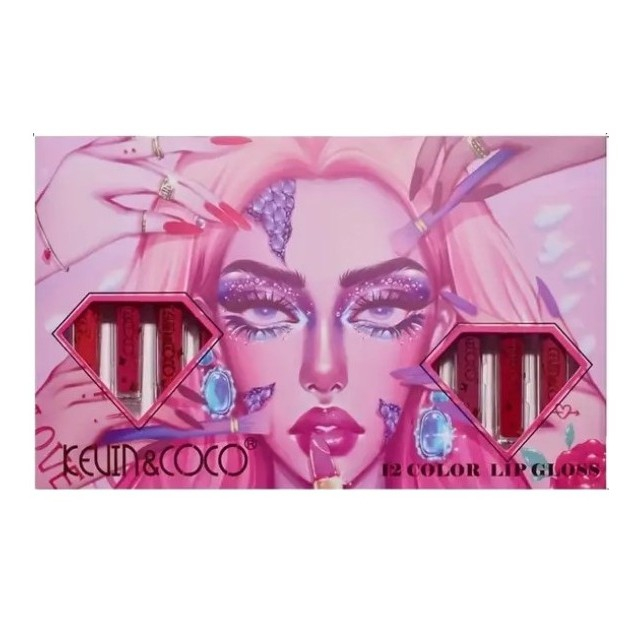 Set 12 Lip Gloss Kevin&Coco, nuante de rosu si rose, cutie dreptunghiulara, 26.5x16.5x2.2 cm, 200 g, multicolor [7]