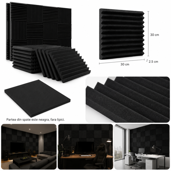 Set 12 panouri fonoabsorbante ORIGINAL DEALS, negre, din material acustic tip burete, 30 x 30 x 2 cm fiecare, cu suprafata totala de 1.08 mp. Sunt destinate absorbtiei fonice si imbunatatirii acusticii in spatii interioare precum studio, gaming, home theater, birou sau camera de repetitii. Conform informatiilor furnizate, materialul se expandeaza la forma maxima in aproximativ 24 de ore dupa despachetare. [8]
