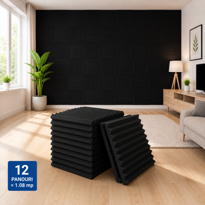 Set 12 panouri fonoabsorbante ORIGINAL DEALS, negre, din material acustic tip burete, 30 x 30 x 2 cm fiecare, cu suprafata totala de 1.08 mp. Sunt destinate absorbtiei fonice si imbunatatirii acusticii in spatii interioare precum studio, gaming, home theater, birou sau camera de repetitii. Conform informatiilor furnizate, materialul se expandeaza la forma maxima in aproximativ 24 de ore dupa despachetare. [2]