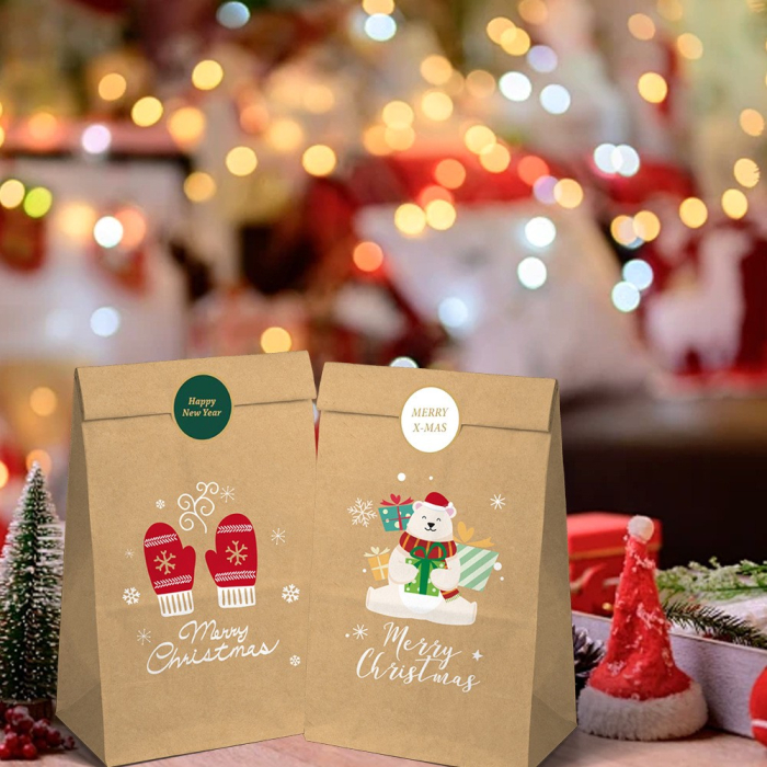 Set 12 Pungi de Cadou, , Tema Craciun, 12 Stickere Incluse, 22 x 12 x 8 cm, din Hartie, Maro [5]