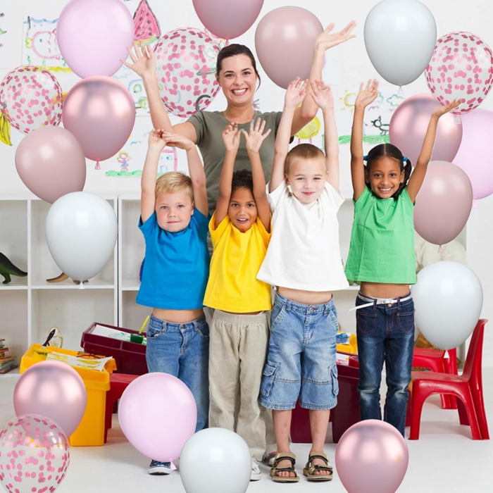 Set 16 Baloane din Latex Metalizate, , Model Party, 30 cm, Alb, Roz, Roz Chrome, Transparent Confetti 2.8 g [3]