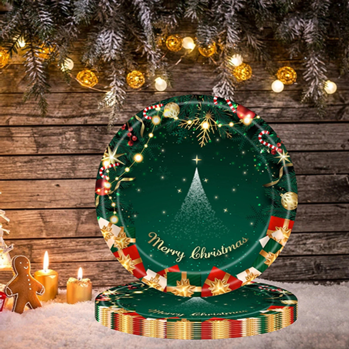 Set 16 Farfurii de Unica Folosinta, , Model Brad de Craciun Merry Christmas, Tematica Craciun, 18 cm, Verde [4]