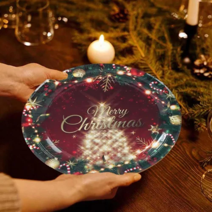 Set 16 Farfurii de Unica Folosinta, , Model Brad de Craciun Merry Christmas, Tematica Craciun, 23 cm, Rosu/Verde [5]
