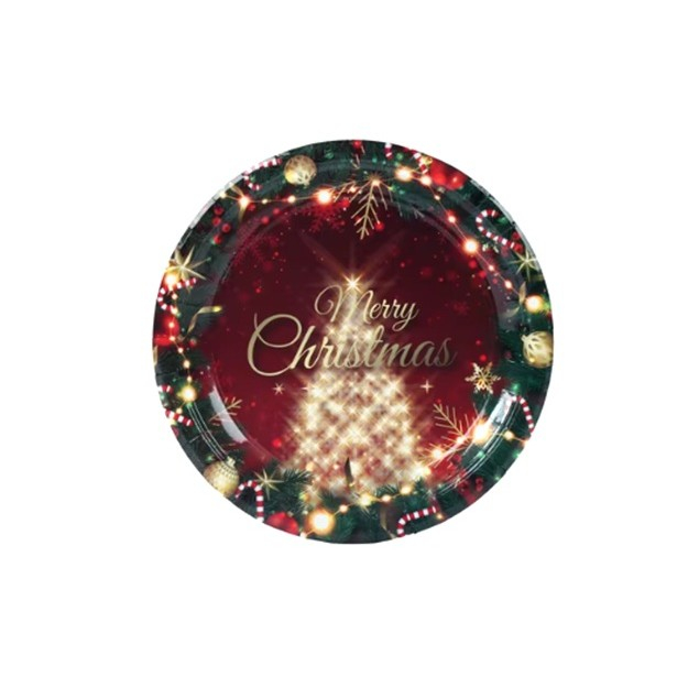 Set 16 Farfurii de Unica Folosinta, , Model Brad de Craciun Merry Christmas, Tematica Craciun, 23 cm, Rosu/Verde [2]