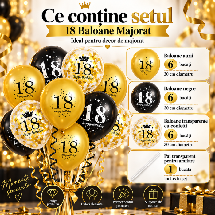 Set 18 baloane ORIGINAL DEALS pentru majorat, latex, 30 cm, auriu, negru si transparent cu confetti [10]