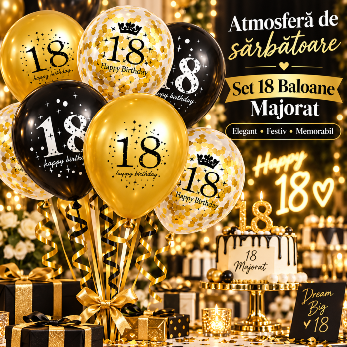 Set 18 baloane ORIGINAL DEALS pentru majorat, latex, 30 cm, auriu, negru si transparent cu confetti [6]