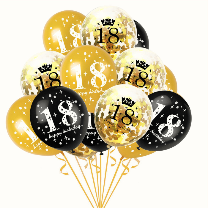 Set 18 baloane ORIGINAL DEALS pentru majorat, latex, 30 cm, auriu, negru si transparent cu confetti [4]