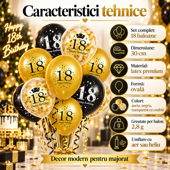 Set 18 baloane ORIGINAL DEALS pentru majorat, latex, 30 cm, auriu, negru si transparent cu confetti [3]