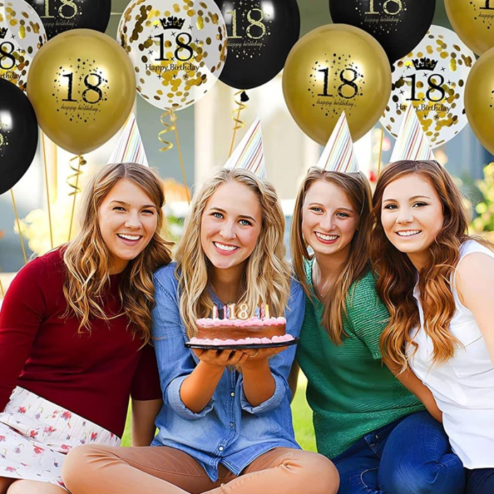 Set 18 Baloane Majorat, , din Latex, Metalizate, Mesaj 18 Happy Birthday, 30 cm, cu Confetti, Auriu/Negru [2]