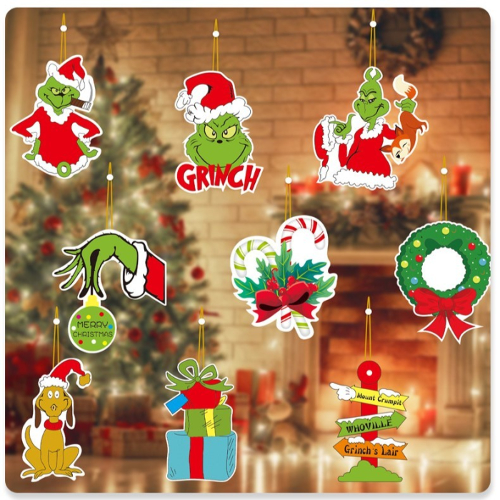 Set 18 Decoratiuni de Craciun din Lemn, , cu Snur pentru Agatare in Brad, Model Grinch, Diferite Dimensiuni, Multicolor [3]
