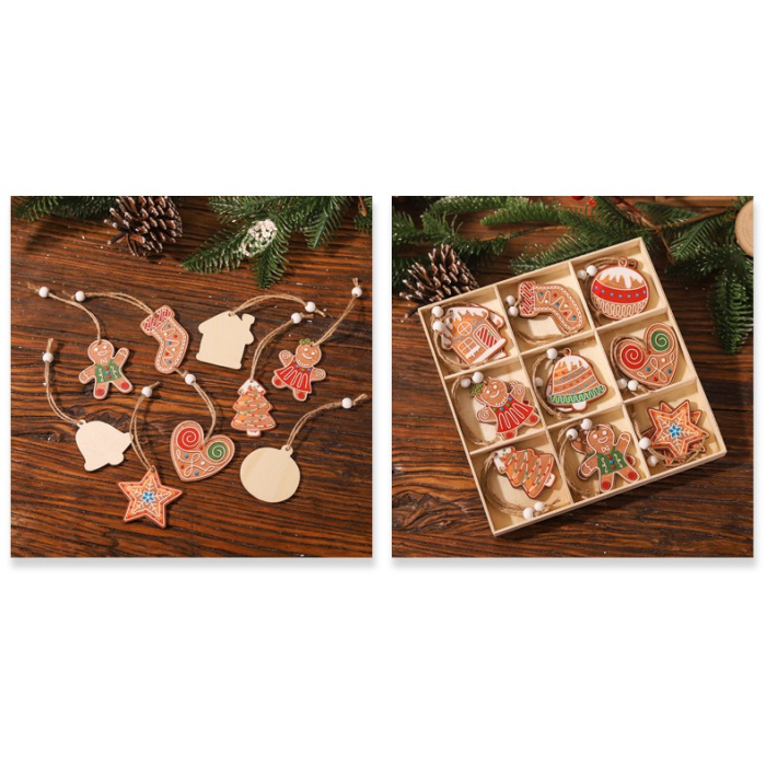 Set 18 Decoratiuni de Craciun din Lemn, , cu Snur pentru Agatare in Brad, Modele Diverse , Diferite Dimensiuni, Multicolor [4]